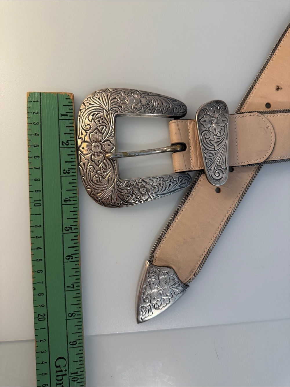 Streets Ahead Big Buckle Cream Western Silver Mesh Trim Leather Belt L - Picture 6 of 9